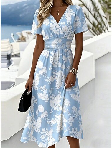  Dames Halflange jurk Hemdjurk Vakantie Casual Boho Dagelijks Zomerjurk Lente Jurk Normale pasvorm Bloemig Grafisch Korte mouw Strakke ronde hals V-hals blauw Hemelsblauw Donkerblauw Zomer Lente