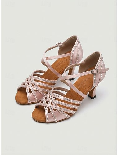  Roze dameshakken met strasssteentjes en open neus voor latin dans - elegante salsa dansschoenen met bandjes