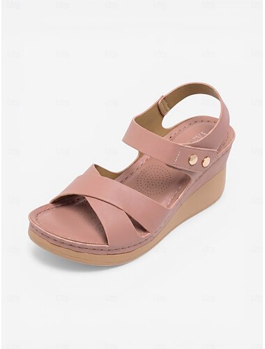  Roze damessandalen met sleehak en voetboogondersteuning – lichtgewicht comfortabele sandalen met gekruiste bandjes, verstelbare, gevoerde zomerschoenen om de hele dag op te wandelen. &dagelijkse