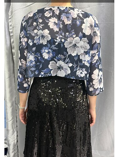  Dam Dressiga toppar Blommig Grafisk Elegant Semester 3/4 ärm V-hals Crop Tops Strandbröllop Ledigt Bröllopsgäst Marinblå Sommar Vår Höst