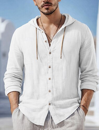 Herren Hemd Leinenhemd Strandbekleidung Knopfhemd Kapuzenhemd Einfach Lässig Täglich Blau Schwarz Weiß Grün Langarm Mit Kapuze Frühling & Sommer Sommer Bekleidung Knöpfe