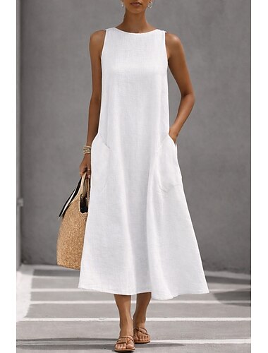  Mulheres Vestido midi Vestidos Para o Verão Vestido branco Vestido de formatura Elegante Moda Clássico Férias Ajuste Largo Tecido Sem Manga Gola Redonda Preto Branco Amarelo Cinzento Verão Primavera