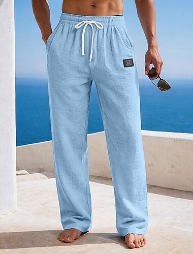  Homens Calça verão Calças largas Calças de praia Com Cordão Cintura elástica Perna reta Tecido Conforto Respirável Comprimento total Casual Diário Praia Férias Moda Azul Preto Sem Elasticidade