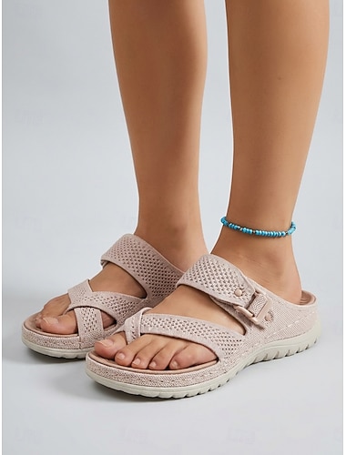  صنادل نسائية وردية اللون محبوكة، صنادل رياضية بنعل داخلي قابل للتعديل، أحذية مريحة وعملية للارتداء اليومي في الصيف، والمشي، والسفر &مناسب للارتداء طوال اليوم