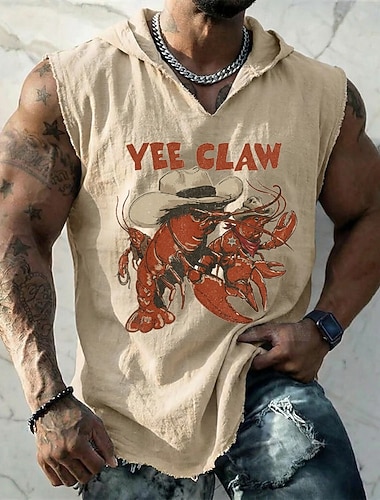  herre yee klo hummer kreps cowboy western boho vintage ermeløs hettevest grafisk bomull lin frynsete rå fald løs passform sommer avslappet designerklær s m l xl xxl xxxl