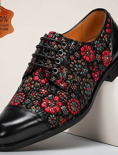  Chaussures habillées pour homme en cuir véritable noir et rouge à lacets, ornées de broderies florales, style oxford, pour les hommes élégants, idéales pour les soirées, les mariages et les occasions spéciales.