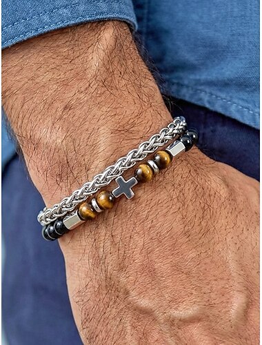  Herenarmband in bohemian stijl met dubbele laag, gemaakt van roestvrij staal met een kruisvormig bedeltje van natuursteen, perfect voor dagelijks gebruik, strandvakanties en resorts.