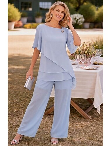  Mulheres Conjuntos de duas peças Chifon Manga Curta Borboleta Decote Quadrado Côr Sólida Tecido Multi Camadas Elegante Formal Convidado do casamento Casual / Diário Azul Azul Céu Verão Normal