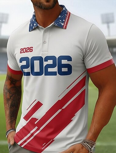  Fotbollscupen 2026 Herr Amerikanska amerikanska flaggan Pikétröjor Kortärmad Polotröjor Skjortor med krage Ledigt Fritids- 3D-utskrift Knappar Vår & sommar Vit