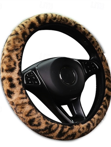  Stuurwielhoes met luipaardprint voor dames, zachte, pluizige autohoes van imitatiebont, universele antislip, warme winteraccessoire voor auto-interieur, geschikt voor stuurwielen van 14,5-15 inch, met