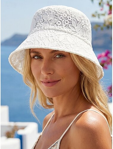  Cappello a secchiello da donna in pizzo stile bohémien, traspirante, pieghevole, in poliestere, bianco e nero, ideale per vacanze al mare, abbigliamento casual quotidiano, viaggi e stile da resort