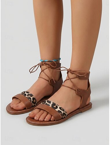  Gladiator sandalen met luipaardprint voor dames – platte boho schoenen met vetersluiting en bandjes, perfect voor een cruisevakantie, strandfeest of zomervakantie.