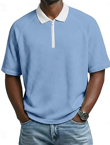  בגדי ריקוד גברים חולצות פולו וופל זיפ פולו קזו'אל חגים דש רבע מיקוד שרוולים קצרים אופנתי בסיסי אחיד רבע מיקוד קיץ אביב רגיל שחור לבן כחול נייבי סגול תלתן חאקי חולצות פולו וופל