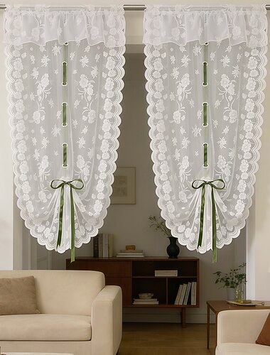 Cortinas transparentes com amarração, renda floral branca, estilo balão, com bolso para varão, filtram a luz em janelas pequenas, ideais para sala de estar, quarto, cozinha e decoração de café.
