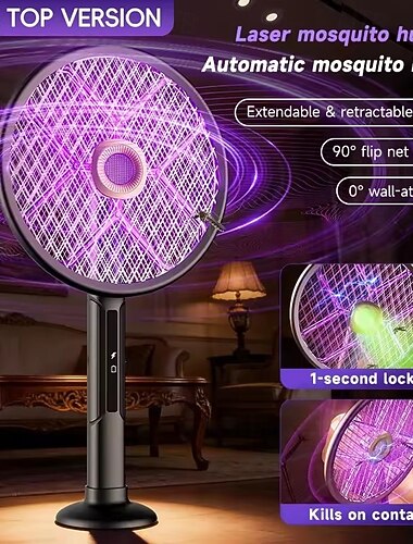  2-i-1 elektrisk fluesmekker &insektzapperracket, automatisk myggdreper med laserjakt &UV-lys, uttrekkbart håndtak, 90° sammenleggbart hode for veggmontering, USB-oppladbar for hjemmebruk innendørs