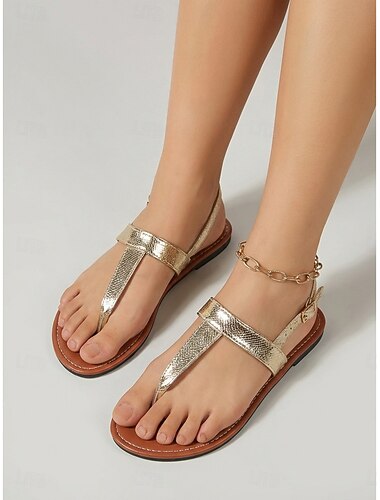 Metallic gouden platte sandalen met T-bandje voor dames - chique sandalen van imitatieleer met verstelbaar enkelbandje voor luxe outdoor resorts. &strandvakanties