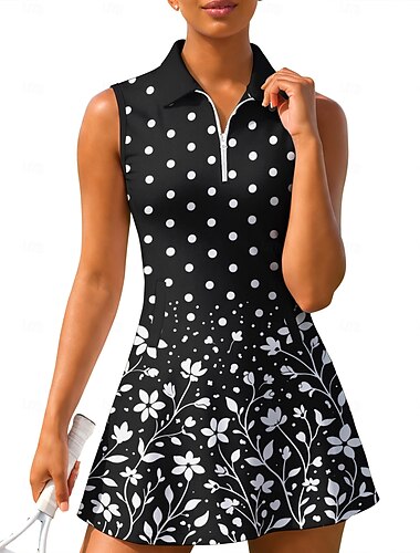  Dame Geometrisk Polkadotter Blomster Tenniskjole Sportskjole Ermeløs Blomster Pustende Tennis Golf Badminton Polokrage Glidelåskrage Kjoler Svart med Hvit Rosa Mørk Lilla Tennis klær