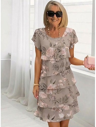  Damen Knielanges Kleid Chiffonkleid Blumenkleid Elegant Mode Modern Urlaub Party Wochenende Normale Passform Blumen Kurzarm Rundhalsausschnitt Grün Khaki Sommer Frühling