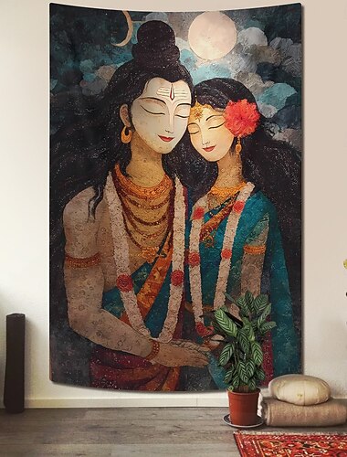  Arazzo da parete con l'immagine di Shiva e Parvati, amore divino, raffigurante il dio indù Shiva e la dea Parvati, con luna piena e cielo stellato, ideale per studio di yoga, sala meditazione, camera