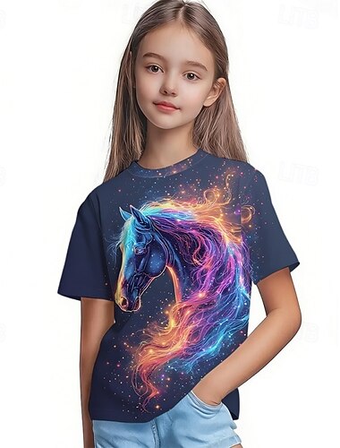  Kentucky Derby Mädchen 3D Grafik Pferd T-Shirt Kurzarm 3D-Druck Sommer Frühling Sport Mode Streetwear Kinder 4-12 Jahre Rundhalsausschnitt Lässig Täglich Outdoor Normale Passform