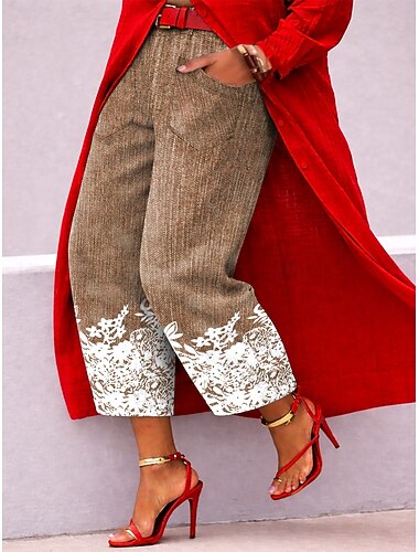  Dame Bredt Bukseben Slacks Afklippede bukser Ferie Årgang Basale Ankel-længde Høj Talje Blomstret Grafisk Trykt mønster comfy Komfort Åndbarhed Uelastisk Daglig udendørs Gade Blå tebrun Mørkerød