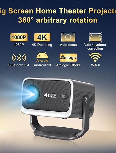  okosprojektor natív 1080p 4k dekódolással, Android 13 wifi 6, 360°-os forgatás, autofókusz &Keystone, hordozható filmvetítő otthoni mozizáshoz kültérre, iOS és Android telefonokkal kompatibilis