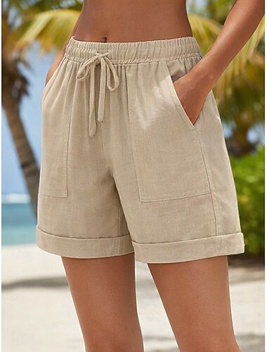  Femmes Short en coton et lin Chinos Shorts Shorts d'été Vacances Basique Court Taille haute Uni Avec Poches Ceinture Élastique Confortable Confort Doux Non Elastique Quotidien Extérieur Vacances Noir