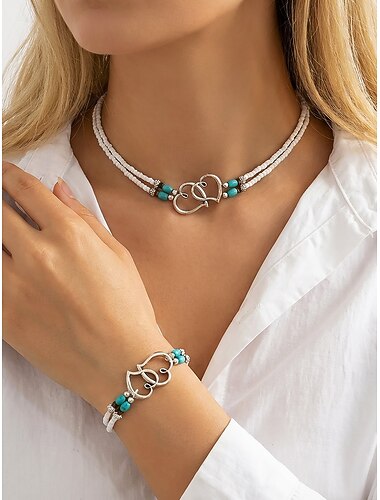  Bohemiskt set med pärlhalsband och armband i legering med dubbelt hjärtformat hänge, smycken för strandsemester för flickor och kvinnor, present till vardags och avslappnad klädsel