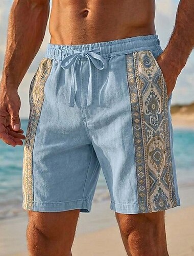  Herren Shorts Leinenshorts Sommershorts Strandshorts Kordelzug Elastischer Bund Druck Ethnisch Komfort Atmungsaktiv Knielang Täglich Outdoor Strand Urlaub Mode Blau Weiß Unelastisch