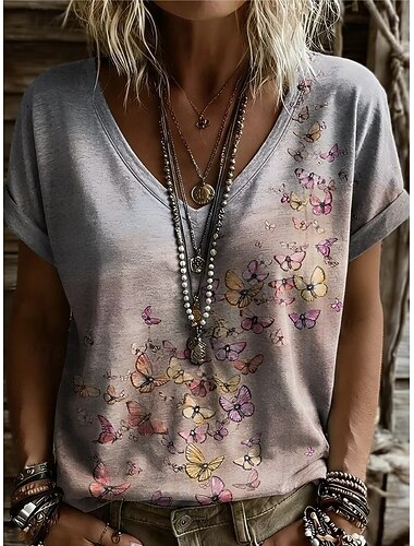  احتفال موسيقي نسائي تي شيرت طباعة ورد الرسم النباتات عتيق أنيق كاجوال كم قصير V رقبة قمصان عادية فضفاض مناسب للبس اليومي عطلة نهاية الاسبوع أزرق رماد أسود وردي بلاشيهغ أخضر الصيف الربيع