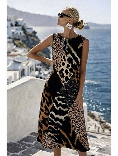  Femmes Robe Midi Robe fourreau Robe d'Été Robe trapèze Vacances Occasionnel Boho Plage Sortir Coupe régulière Graphique Animal Géométrique Sans manches Col Rond Noir Été Printemps