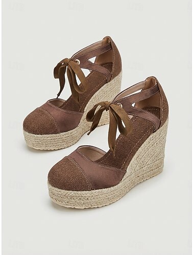  Bruine espadrilles met sleehak voor dames en strikjes bij de enkels – vakantie &resort avondschoenen