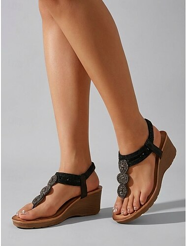  Dames zwarte bohemian teenslippers met strasssteentjes - comfortabele sleehak slippers met paillettenbandjes voor strandvakanties en zomercruises. &buitenresorts
