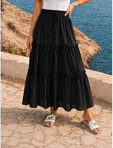  Γυναικεία Φούστα διακοπών Καθημερινό Μακρύ Ψηλή Μέση Φούστες Παραλία Διακοπές Κρασί Μαύρο Ανοικτό Βυσσινί Σμαραγδί Καλοκαίρι