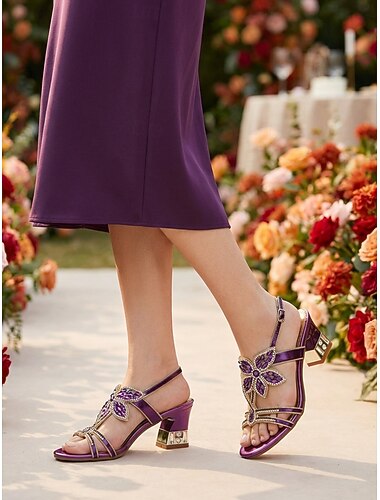  dames lilla utsmykkede sandaler med blokkhæl, åpen tå med ankelrem og elegante pensko til brudens mor, hagebryllup &formelle arrangementer