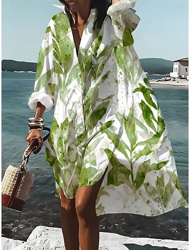  Dame Knælange Kjole Skjortekjole Hverdagskjole Sommerkjole Elegant Boheme Ferie Strand Løstsiddende Blomstret Langærmet V-hals Krave Blå Gul Lysegrøn Grøn Sommer Forår