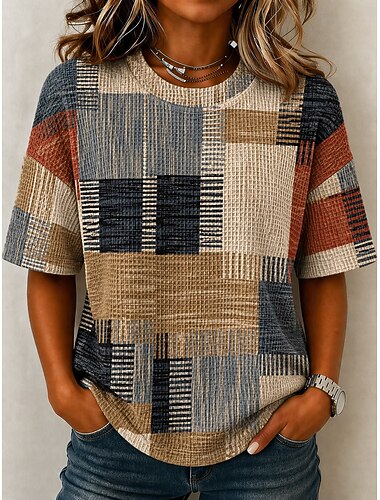  Dam Våffel T-shirt Strukturerade strickade toppar T-shirt Summer Tops Drop Shoulder Mönster Grafisk Geometrisk Rutig Vintage Stylish Klassisk Kortärmad Rund hals Vanliga toppar Ledigt Dagligen