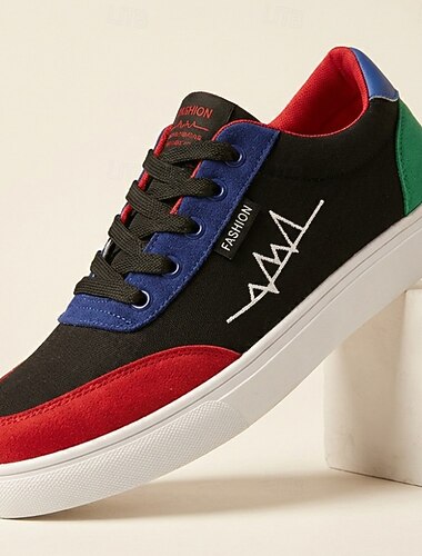  Baskets décontractées pour homme, colorblock noir, rouge et bleu, à lacets, légères, idéales pour la marche, le quotidien, les voyages, les tenues de week-end, les loisirs en plein air, la mode jeune et un style décontracté tendance.