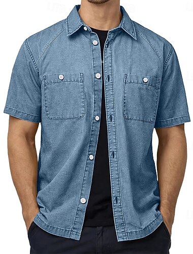  Herren Hemd Freizeithemd Knopfhemd Hemd aus 100 % Baumwolle in Säurewaschung Acid-Wash-Shirt Schwarz Hellgrün Purpur Kaki Militßrgrün Kurzarm Einfach Hemdkragen Lässig Täglich Fronttasche Bekleidung