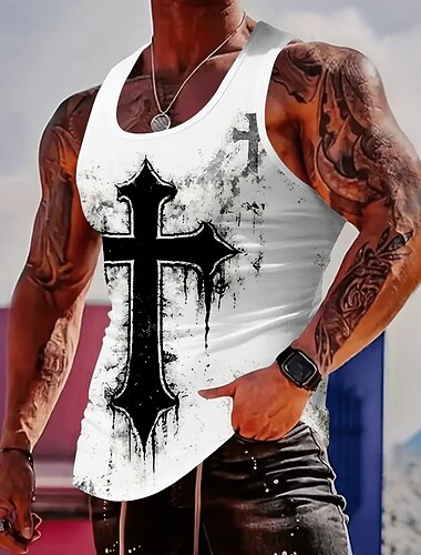  Débardeur graphique croix noire gothique grande Bible pour hommes éclaboussures d'encre streetwear religieux chrétien vintage edgy coupe muscle sans manches gym fitness décontracté été vêtements