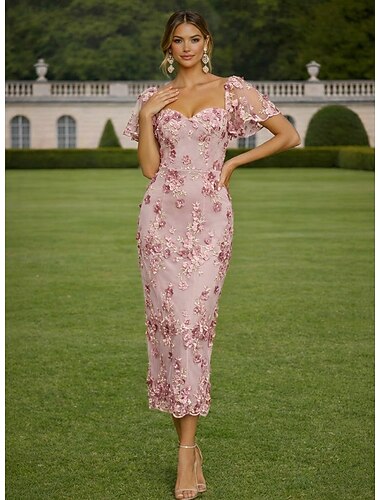  Funda Columna Hasta el Tobillo Vestido de encaje Vestidos de coctel Elegante Vintage Floral Manga Corta Escote Corazón Fiesta de jardin Boda Satén Tul con Flores 3D Bordados Apliques