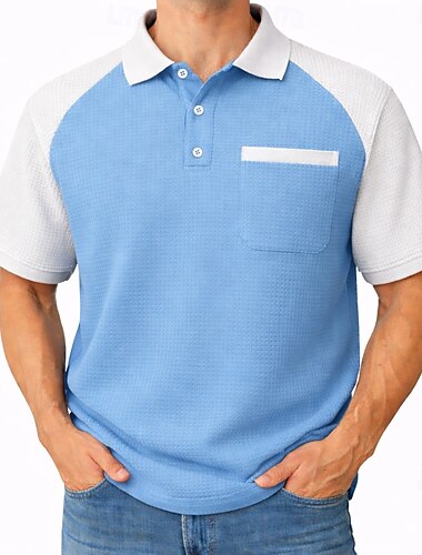  男性用 ワッフルポロシャツ テクスチャード加工 カジュアル 祝日 折襟 半袖 ベーシック 近代の カラーブロック カラーブロック ボタン 春夏 ブルー ルビーレッド ネイビーブルー ブラウン グリーン ワッフルポロシャツ