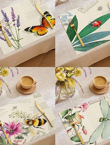  Tischset aus Stoff mit Blumen- und Schmetterlingsmotiv für alle Jahreszeiten, rechteckiges Tischset aus 100 % gewebtem Polyester, maschinenwaschbar, strapazierfähig und hitzebeständig.