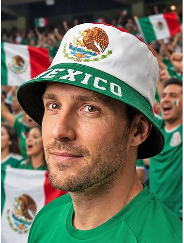  Omkeerbare polyester bucket hat voor heren, met print van de Mexicaanse vlag, lichtgewicht voetbalpet voor wedstrijddagen, supporters, casual sport en outdoor kleding.