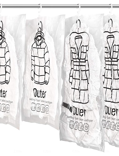  Confezione da 4 sacchetti sottovuoto riutilizzabili e salvaspazio con ganci. 2 pezzi da 67x90 cm e 2 pezzi da 67x110 cm. Compatibili con qualsiasi aspirapolvere.