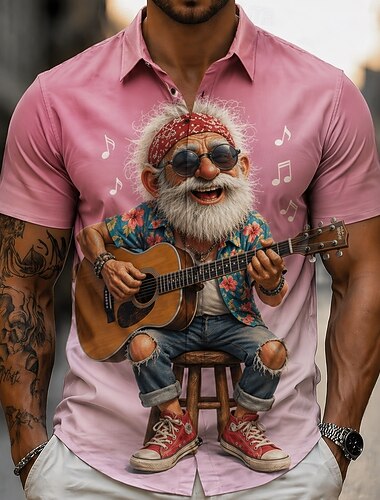 Homme Joueur guitariste Personnage de dessin animé Vieil Homme Chemise Chemise d'été Chemise Boutonnée Manche Courte Drôle Vintage Rétro Quotidien Extérieur Vacances Été Printemps Col Rabattu