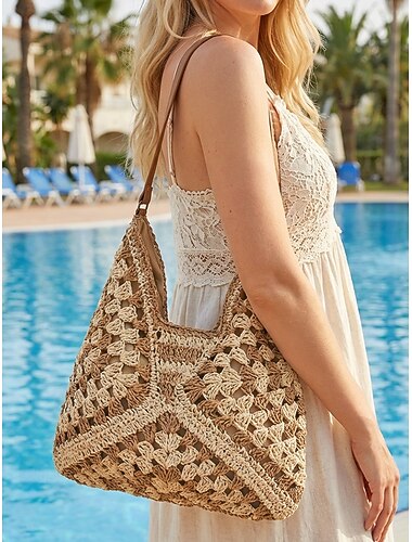  Dames boho geweven schoudertas, ruime gehaakte handtas in diverse kleuren, casual hobo tas voor strandvakanties, zomervakanties, resorts en dagelijks gebruik.