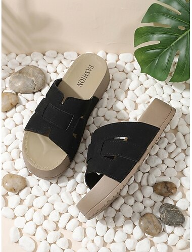  Comfortabele zwarte suède platform sandalen voor dames - brede bandjes met uitsparingen, ideaal voor strandvakanties en outdoor resorts. &zomervakantie
