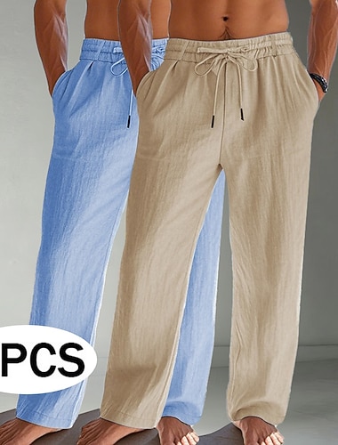  Herren Leinenhosen Hose Sommerhose Baggy-Hosen Strandhose Kordelzug Tasche Elastischer Bund Einfach Komfort Atmungsaktiv Volle Länge Täglich Strand Urlaub Urlaub Hawaiianisch Weiß + Grün Khaki