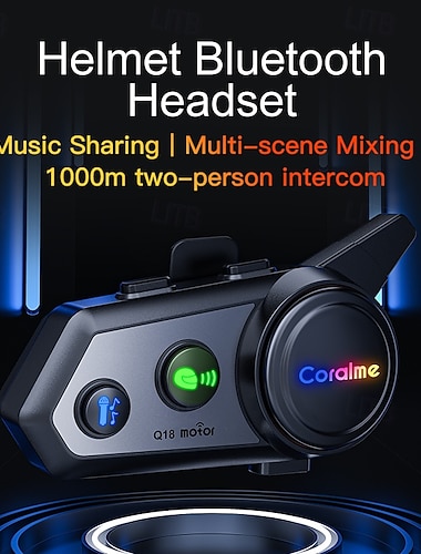  Q18 motorhelm Bluetooth-headset, 1000m intercomsysteem voor twee personen met muziekdeling &Audiomixing voor meerdere scènes, draadloos communicatiesysteem met RGB-verlichting, ruisonderdrukking